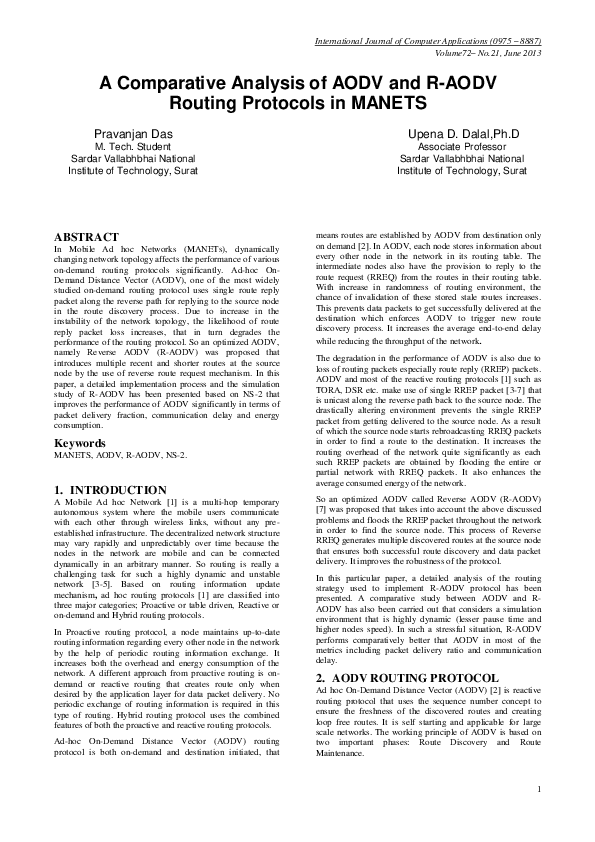 (PDF) A Comparative Analysis of AODV and R-AODV Routing Protocols in MANETS