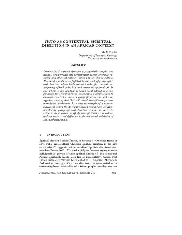 (PDF) IVIYO AS CONTEXTUAL SPIRITUAL DIRECTION IN AN AFRICAN CONTEXT
