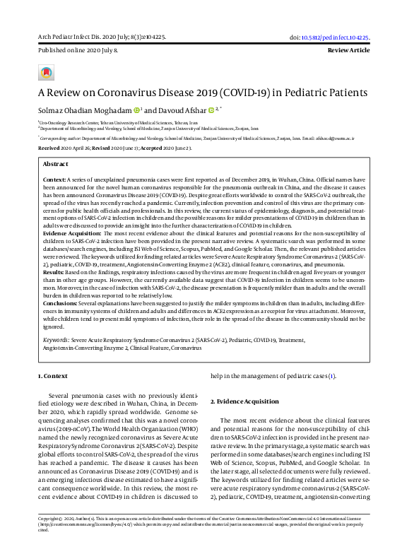 (PDF) A Review on Coronavirus Disease 2019 (COVID-19) in Pediatric Patients