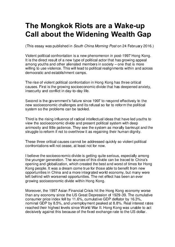 (PDF) The Mongkok Riots are a Wake-up Call about the Widening Wealth Gap