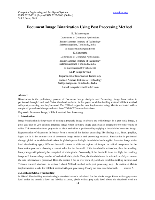 (PDF) Document Image Binarization Using Post Processing Method