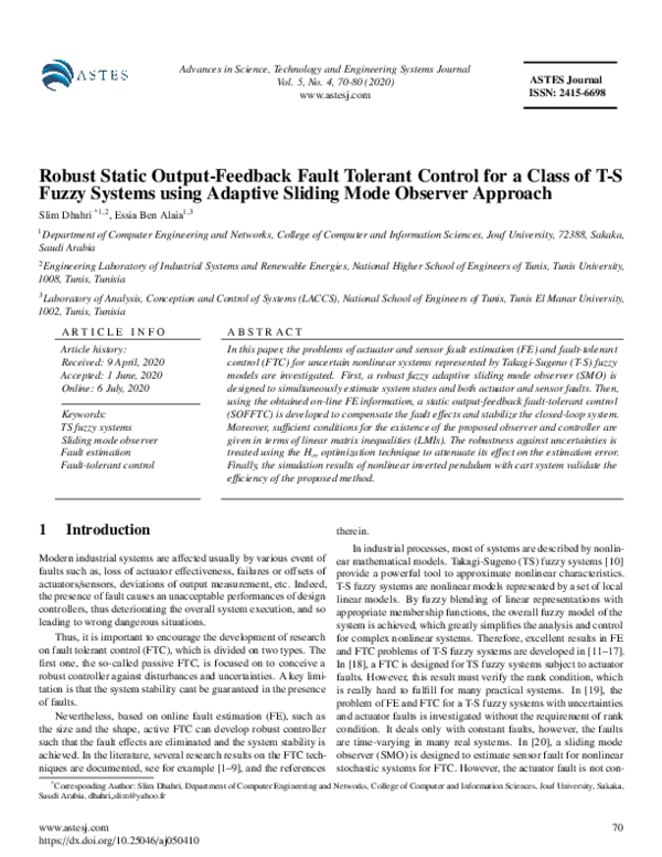 (PDF) Robust Static Output-Feedback Fault Tolerant Control for a Class ...
