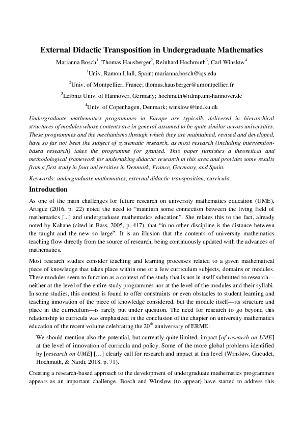 (PDF) External Didactic Transposition in Undergraduate Mathematics