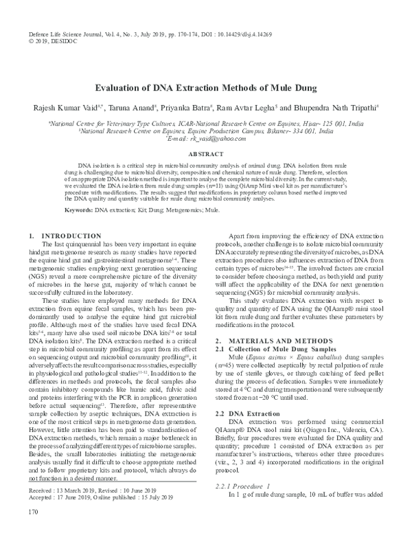 (PDF) Evaluation of DNA Extraction Methods of Mule Dung