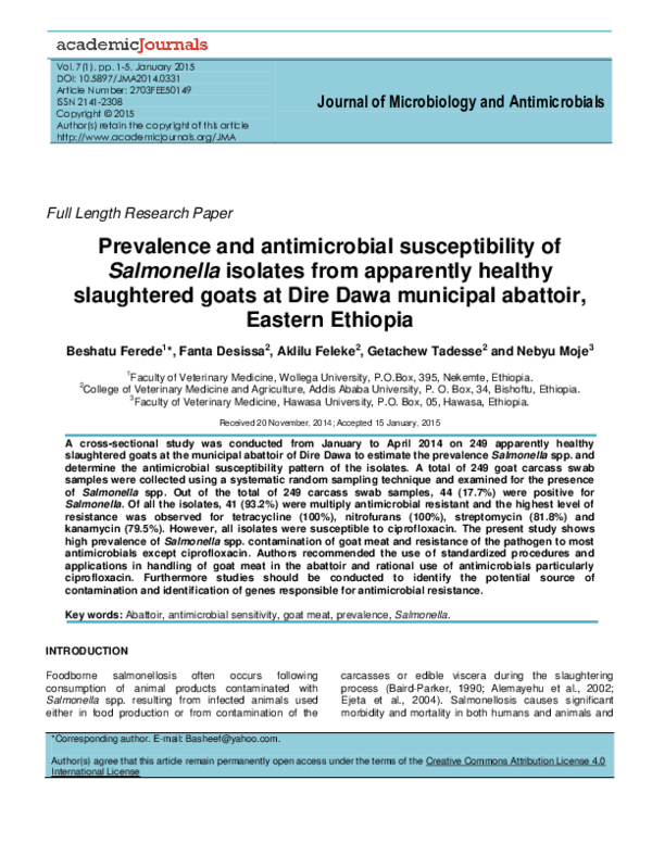 (PDF) Prevalence and antimicrobial susceptibility of Salmonella ...
