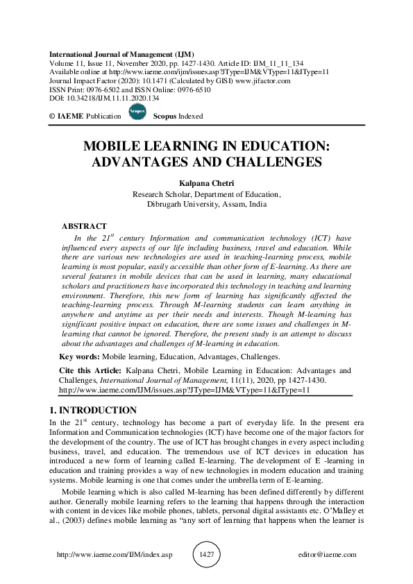 (PDF) MOBILE LEARNING IN EDUCATION: ADVANTAGES AND CHALLENGES