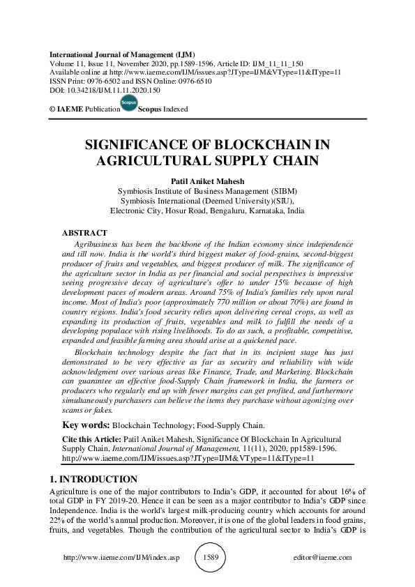 (PDF) Significance Of Blockchain In Agricultural Supply Chain