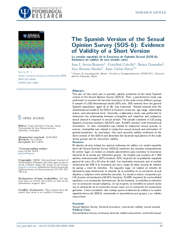 (PDF) The Spanish Version of the Sexual Opinion Survey (SOS-6 ...