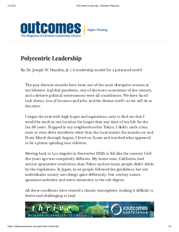 (PDF) Polycentric Leadership: A leadership model for a polarized world
