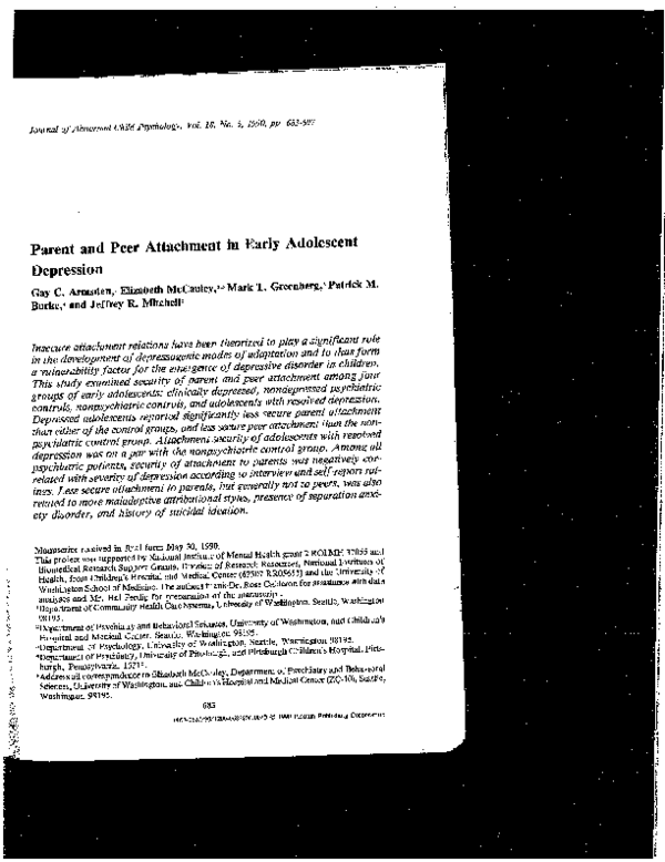(PDF) Parent and peer attachment in early adolescent depression