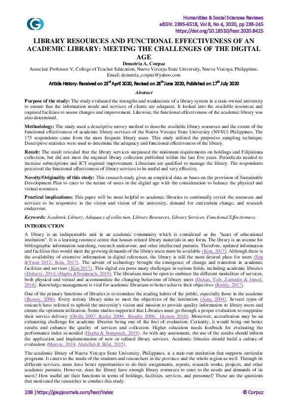 (PDF) LIBRARY RESOURCES AND FUNCTIONAL EFFECTIVENESS OF AN ACADEMIC ...