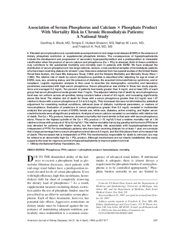 (PDF) Association of serum phosphorus and calcium x phosphate product ...