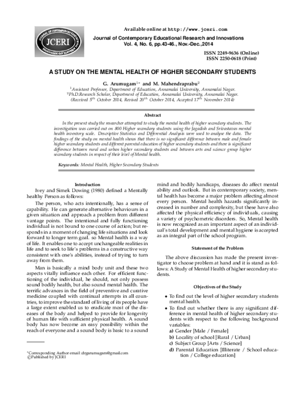 (PDF) A STUDY ON THE MENTAL HEALTH OF HIGHER SECONDARY STUDENTS
