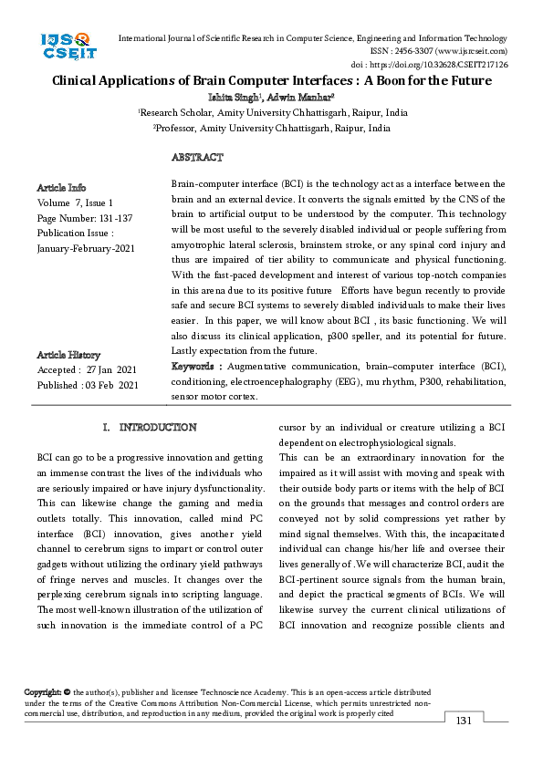 (PDF) Clinical Applications of Brain Computer Interfaces : A Boon for ...