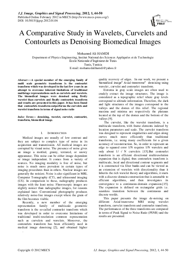(PDF) A Comparative Study in Wavelets, Curvelets and Contourlets as ...