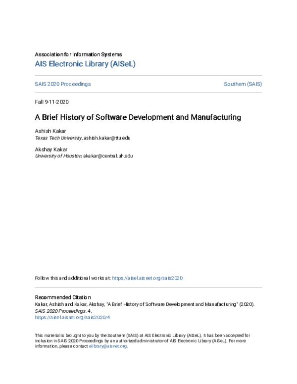 (PDF) A Brief History of Software Development and Manufacturing