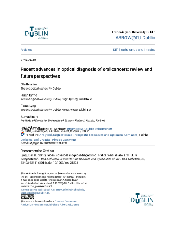 (PDF) Recent advances in optical diagnosis of oral cancers: Review and ...