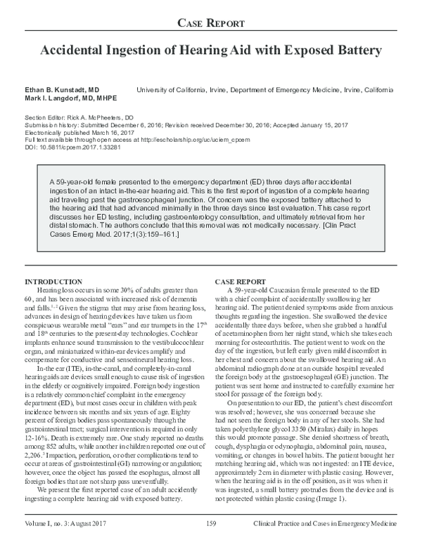 (PDF) Accidental Ingestion of Hearing Aid with Exposed Battery Mark