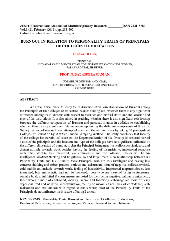 (PDF) BURNOUT IN RELATION TO PERSONALITY TRAITS OF PRINCIPALS OF ...