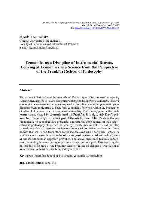 (PDF) Economics as a Discipline of Instrumental Reason. Looking at ...