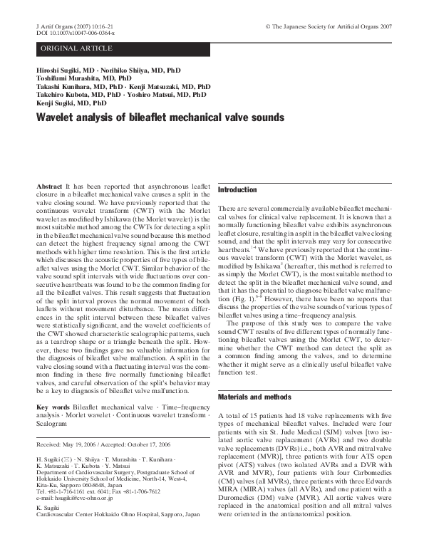 (PDF) Wavelet analysis of bileaflet mechanical valve sounds Kenji