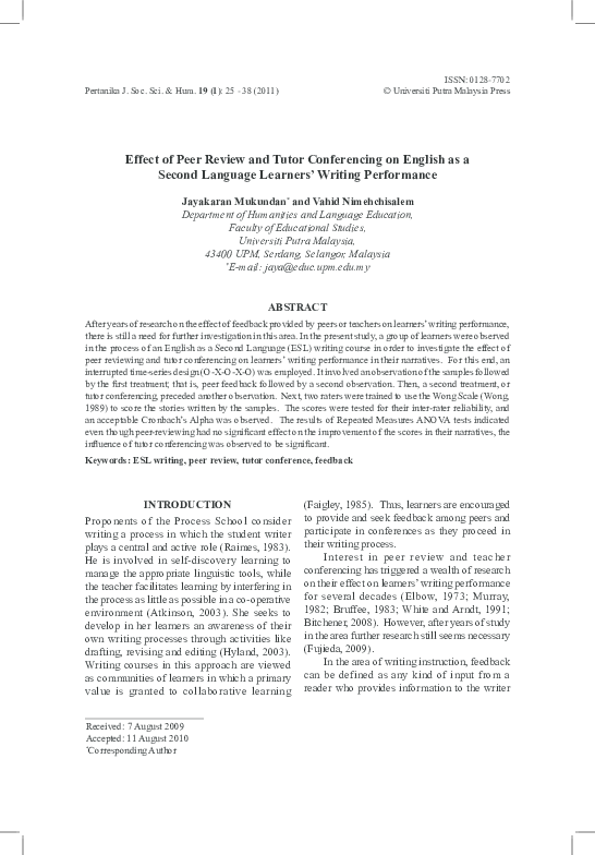 (PDF) Effect of peer review and tutor conferencing on English as Second ...