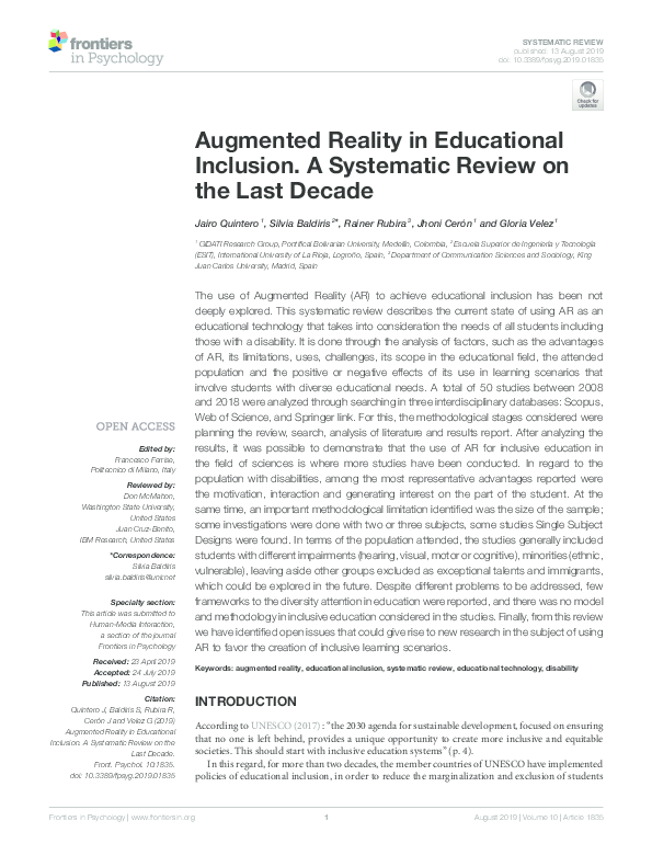 (PDF) Augmented Reality in Educational Inclusion. A Systematic Review ...