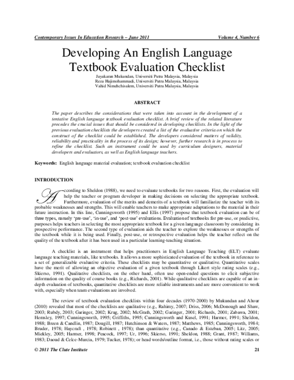 Pdf Developing An English Language Textbook Evaluation Checklist