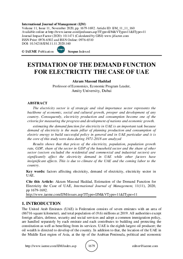 (PDF) Estimation Of The Demand Function For 33 Electricity the Case of UAE