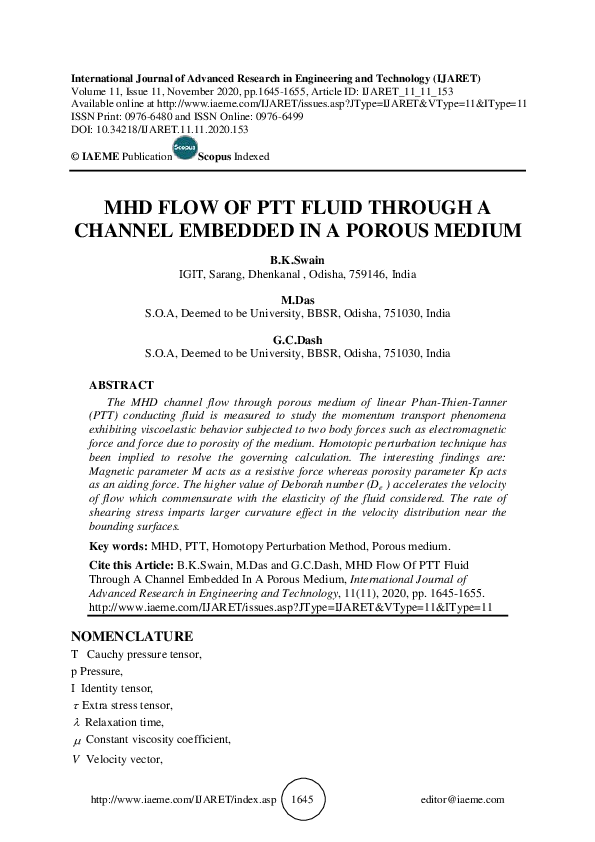 (PDF) MHD FLOW OF PTT FLUID THROUGH A CHANNEL EMBEDDED IN A POROUS MEDIUM