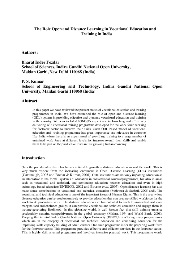 (PDF) The Role Open and Distance Learning in Vocational Education and ...