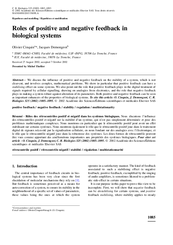 (PDF) Roles of positive and negative feedback in biological systems