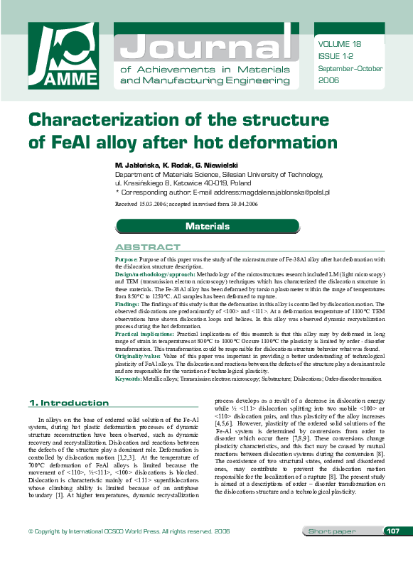 (PDF) Characterization of the structure of FeAl alloy after hot deformation