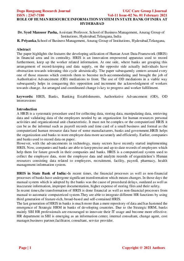 (PDF) ROLE OF HUMAN RESOURCE INFORMATION SYSTEM IN STATE BANK OF INDIA ...