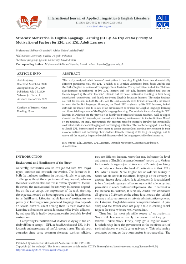 (PDF) Students' Motivation in English Language Learning (ELL): An ...