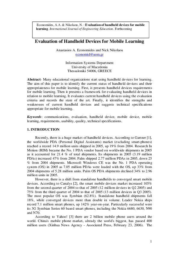 (PDF) Evaluation of handheld devices for mobile learning