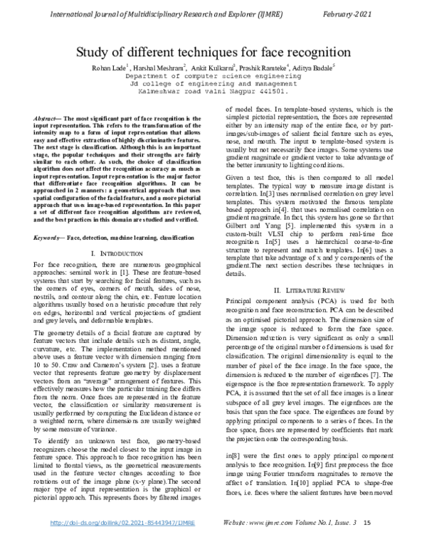 (PDF) Study of different techniques for face recognition
