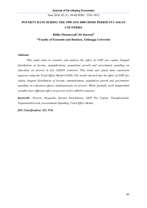 (PDF) POVERTY RATE DURING THE 1998 AND 2008 CRISIS PERIOD IN 5 ASEAN ...