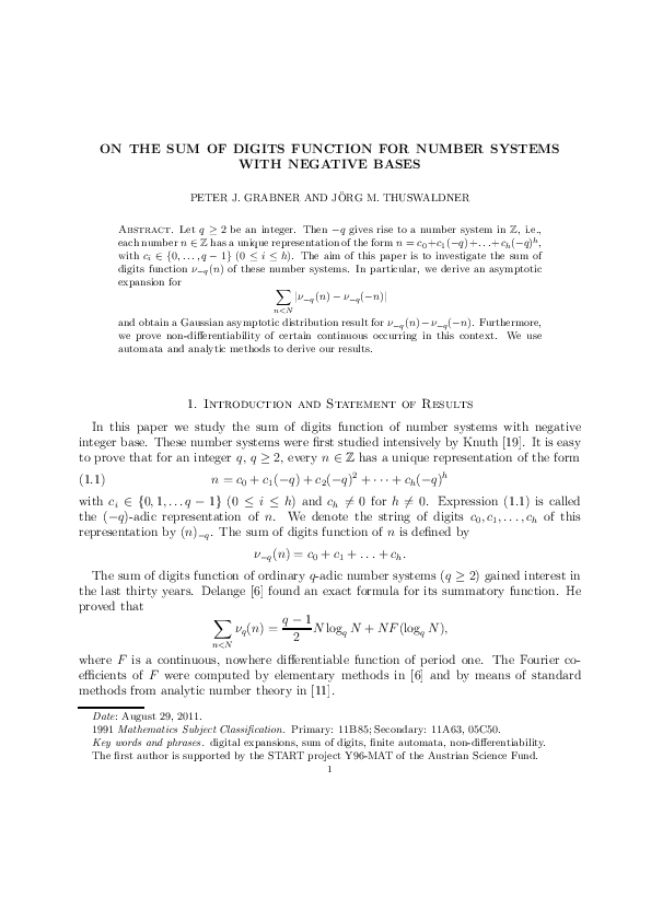 (PDF) On The Sum of Digits Function for Number Systems with Negative Bases