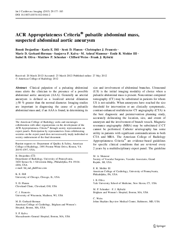 (PDF) ACR Appropriateness Criteria® pulsatile abdominal mass, suspected ...
