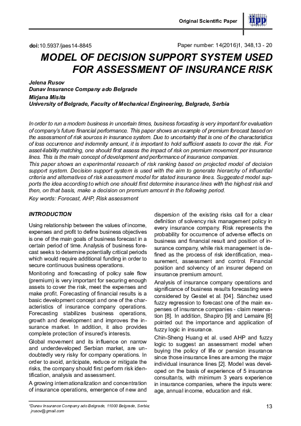(PDF) Model of decision support system used for assessment of insurance ...