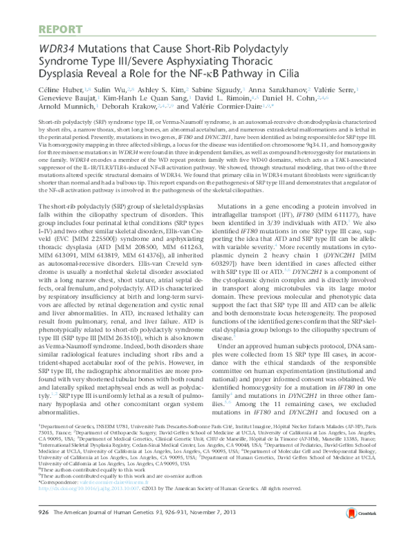 WDR34 Mutations that Cause Short-Rib Polydactyly Syndrome Type III/Severe Asphyxiating Thoracic Dysplasia Reveal a Role for the NF-κB Pathway in Cilia