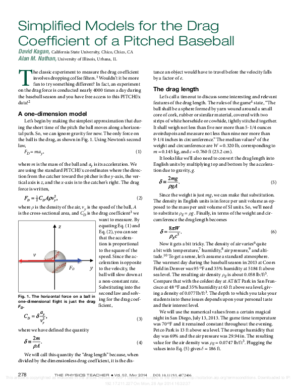 (PDF) Simplified Models for the Drag Coefficient of a Pitched Baseball