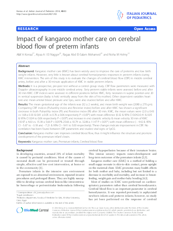 (PDF) Impact of kangaroo mother care on cerebral blood flow of preterm ...