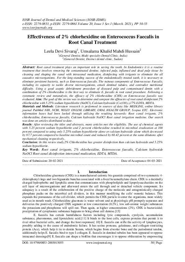 (PDF) Effectiveness of 2 chlorhexidine on Enterococcus Faecalis in