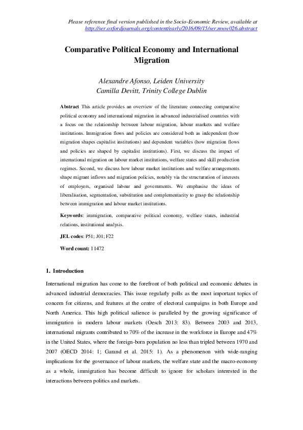 (PDF) Comparative political economy and international migration