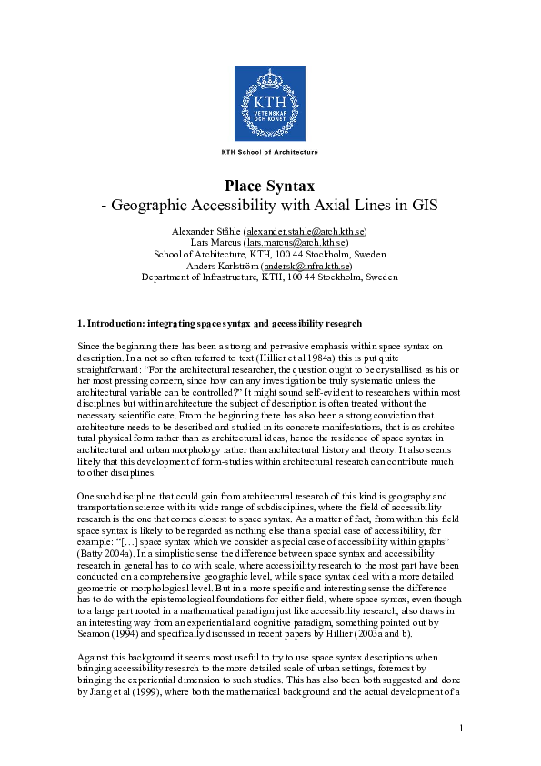 (PDF) Place Syntax : Geographic accessibility with axial lines in GIS