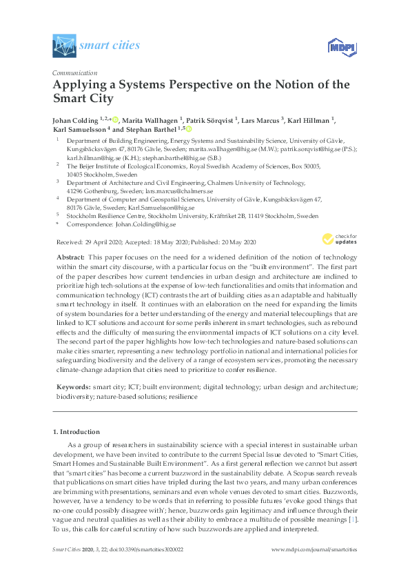 (PDF) Applying a Systems Perspective on the Notion of the Smart City