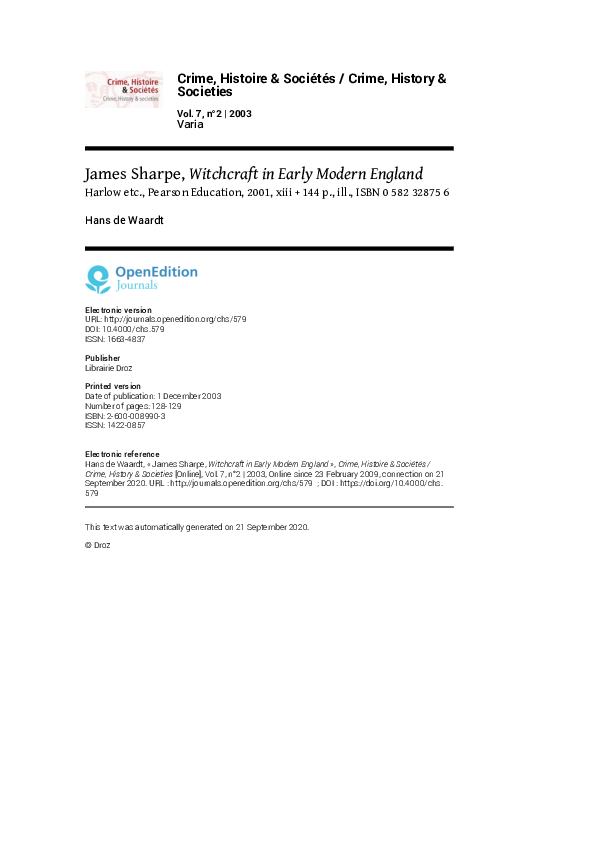(PDF) Review of: James Sharpe, Witchcraft in Early Modern England