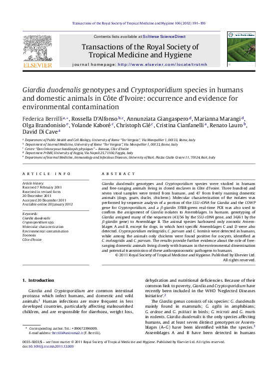 (PDF) Giardia duodenalis genotypes and Cryptosporidium species in ...
